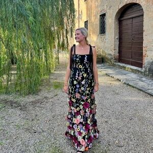 Lulu's Black Maxi Dress with Multicolor Floral Embroidery and Tie Straps